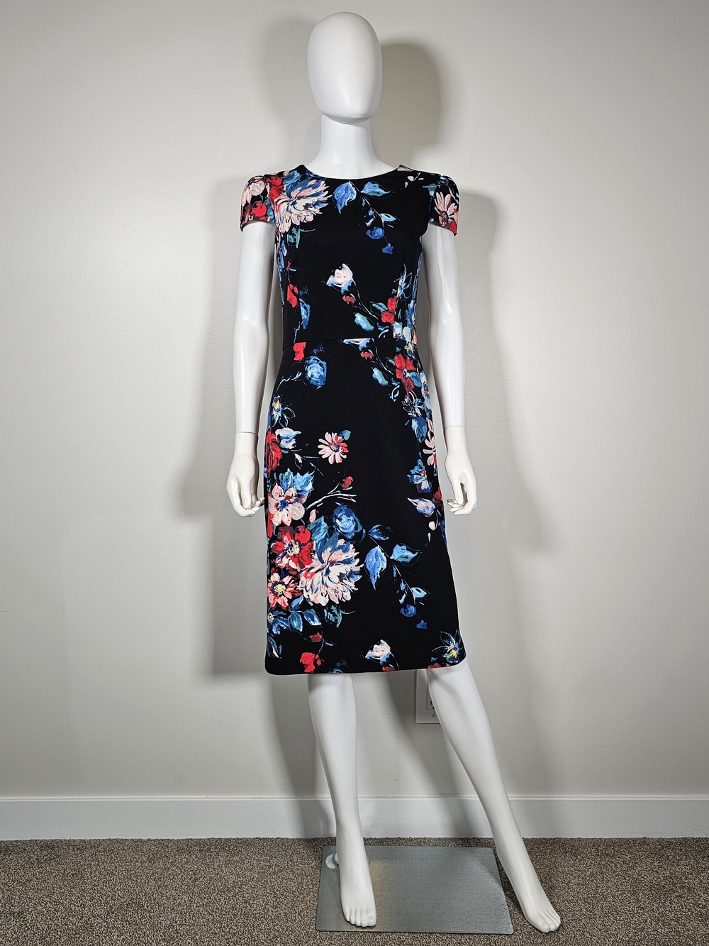 Betsey Johnson Black Midi Dress with Pink & Blue Floral Print Sz 6
